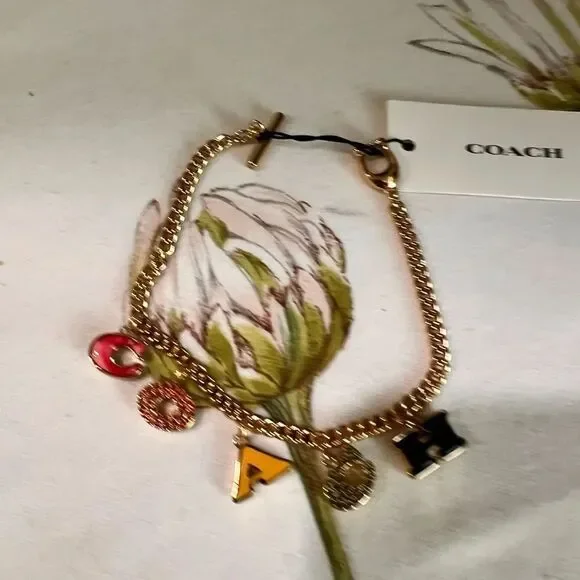 NWT COACH Pavé Crystal Enamel Logo Charm Signature Letters Bracelet Gold #TSBR - Picture 4 of 8